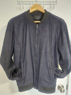 Zara Men's Navy Suede-Look Bomber Jacket